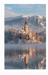 Plakat kościół nad jeziorem Bled w Słowenii