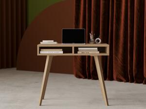 Wąskie drewniane biurko 90 cm z półkami, nogi naturalny lity dąb