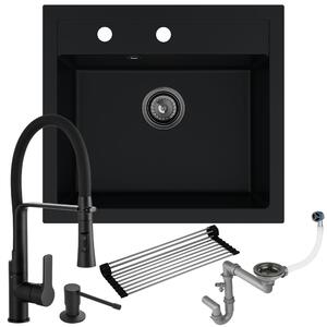 Zlew granitowy czarny Ferrum 1K60: bateria + dozownik + syfon + mata