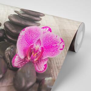 Fototapeta orchidea i zen kamienie na drewnie