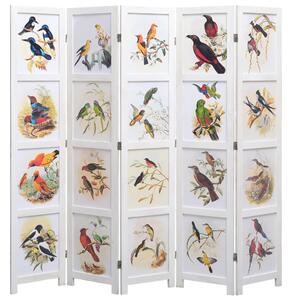 Parawan 5-panelowy, biały, 175 x 165 cm, ptaki