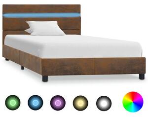 Rama łóżka z LED, brązowa, tapicerowana tkaniną, 90 x 200 cm