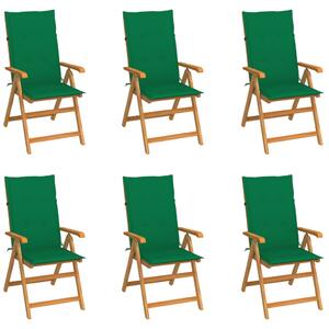 Krzesła ogrodowe, 6 szt., zielone poduszki, drewno tekowe