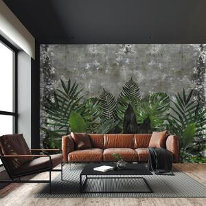Fototapeta - Betonowa ściana z roślinami (196x136 cm)