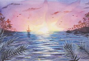 Fototapeta - Zachód słońca nad wodą, akwarela (196x136 cm)