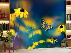 Fototapeta - Żółte kwiaty z motylkiem (196x136 cm)