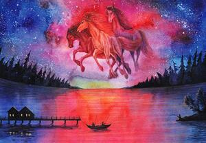 Fototapeta - Zjawa kosmicznych koni nad jeziorem, akwarela (196x136 cm)