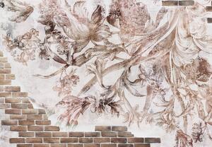 Fototapeta - Kwiatowy fresk na ceglanej ścianie (196x136 cm)