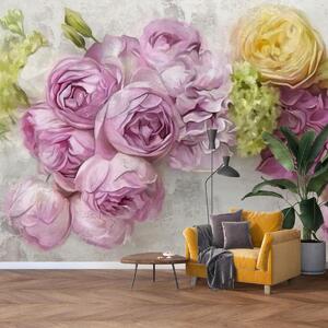 Fototapeta - Kwiaty na ścianie w pastelowych kolorach (196x136 cm)