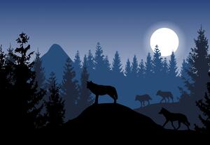 Fototapeta - Wataha wilków przy pełni księżyca (196x136 cm)