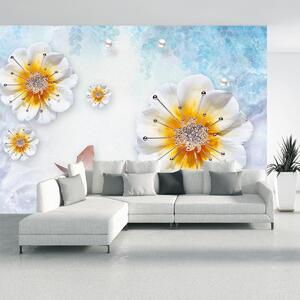 Fototapeta - Kompozycja z kwiatami i motylami (196x136 cm)
