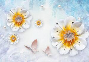Fototapeta - Kompozycja z kwiatami i motylami (196x136 cm)
