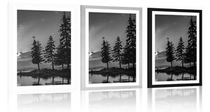 Plakat z passe-partout górskie jezioro w czerni i bieli