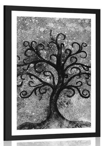 Plakat z passe-partout czarno-białe drzewo życia