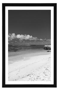 Plakat z passe-partout czarno-biała plaża Anse Source