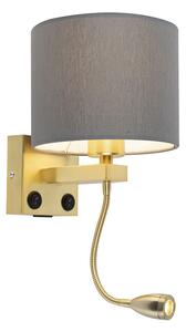 Złota lampa ścienna w stylu art deco z USB i szarym kloszem - Brescia Oswietlenie wewnetrzne