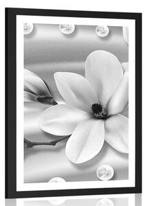 Plakat z passe-partout luksusowa magnolia z perłami w czarno-białym kolorze