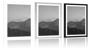 Plakat z passe-partout góry w czerni i bieli