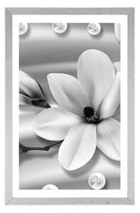 Plakat z passe-partout luksusowa magnolia z perłami w czarno-białym kolorze