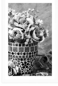 Plakat z passe-partout kwiaty goździków w doniczce mozaikowej w czarno-białym kolorze