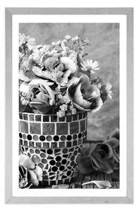 Plakat z passe-partout kwiaty goździków w doniczce mozaikowej w czarno-białym kolorze