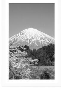 Plakat z passe-partout wulkan Fuji w czerni i bieli