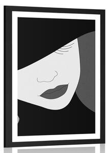 Plakat z passe-partout elegancka dama w kapeluszu w czerni i bieli
