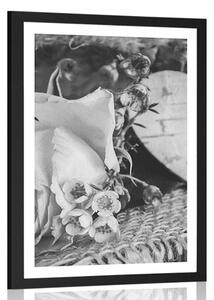 Plakat z passe-partout róża i serce z juty w czarno-białym wzorze