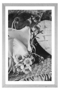 Plakat z passe-partout róża i serce z juty w czarno-białym wzorze
