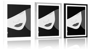 Plakat z passe-partout elegancka dama w kapeluszu w czerni i bieli