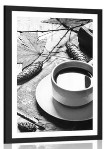 Plakat z passe-partout filiżanka kawy w jesiennym akcencie w czerni i bieli