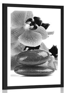 Plakat z passe-partout kamienie spa i orchidea w czerni i bieli
