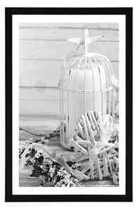 Plakat z passe-partout gałązka wiśni i lampiony w czerni i bieli