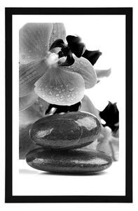 Plakat z passe-partout kamienie spa i orchidea w czerni i bieli