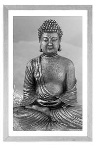 Plakat z passe-partout posąg Buddy w pozycji medytacyjnej w czerni i bieli