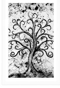 Plakat z passe-partout symbol drzewa życia w czerni i bieli