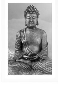 Plakat z passe-partout posąg Buddy w pozycji medytacyjnej w czerni i bieli