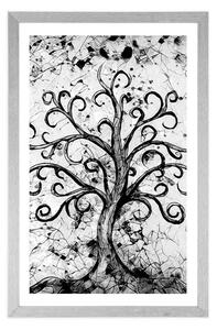 Plakat z passe-partout symbol drzewa życia w czerni i bieli