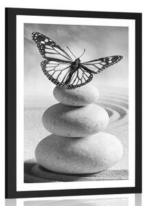 Plakat z passe-partout równowaga kamieni i motyli w czerni i bieli
