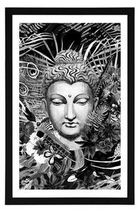 Plakat z passe-partout Budda na egzotyznym tle w czerni i bieli