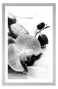Plakat z passe-partout magiczna gra kamieni i orchidei w czerni i bieli