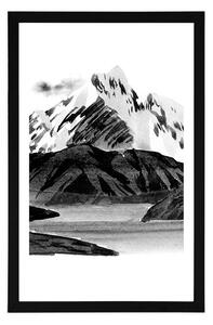 Plakat z passe-partout piękny górski krajobraz w czerni i bieli