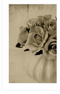 Plakat z passe-partout róże w wazonie w czerni i bieli w sepiowym kolorze