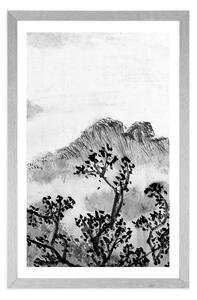 Plakat z passe-partout tradycyjne chińskie malarstwo pejzażowe w czerni i bieli