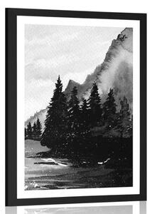 Plakat z passe-partout zimowy krajobraz kreskówkowy w czerni i bieli