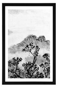 Plakat z passe-partout tradycyjne chińskie malarstwo pejzażowe w czerni i bieli
