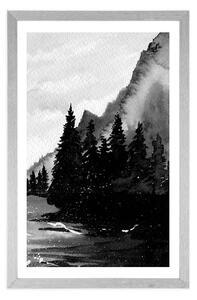 Plakat z passe-partout zimowy krajobraz kreskówkowy w czerni i bieli