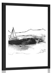 Plakat z passe-partout jacht na morzu w czerni i bieli