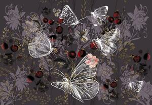 Fototapeta - Vintage motyle z kwiatami, fioletowa (196x136 cm)