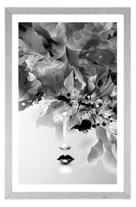 Plakat z passe-partout modna kobieca twarz z abstrakcyjnymi elementami w czerni i bieli